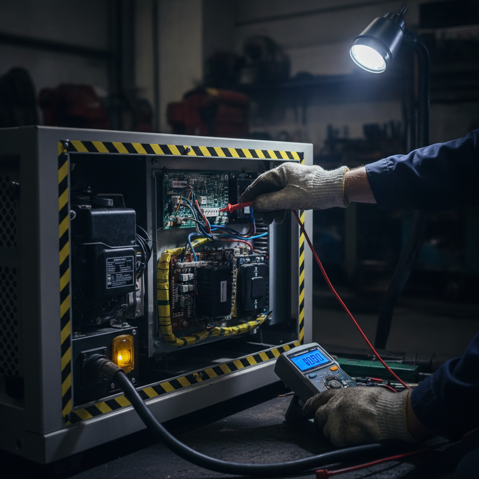 Technician servicing a spray foam rig generator on location
