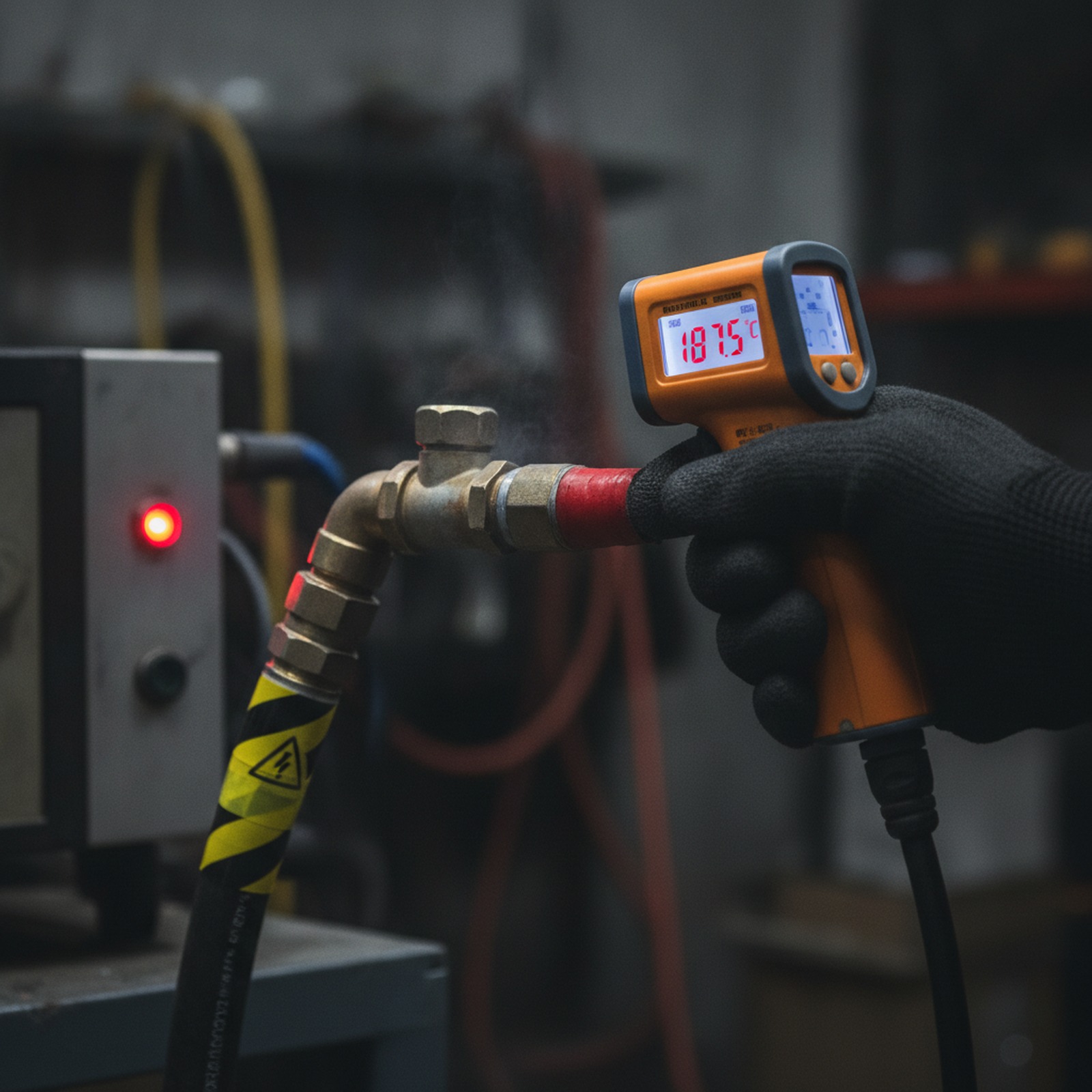 Technician diagnosing a heated hose coupling on a spray foam rig