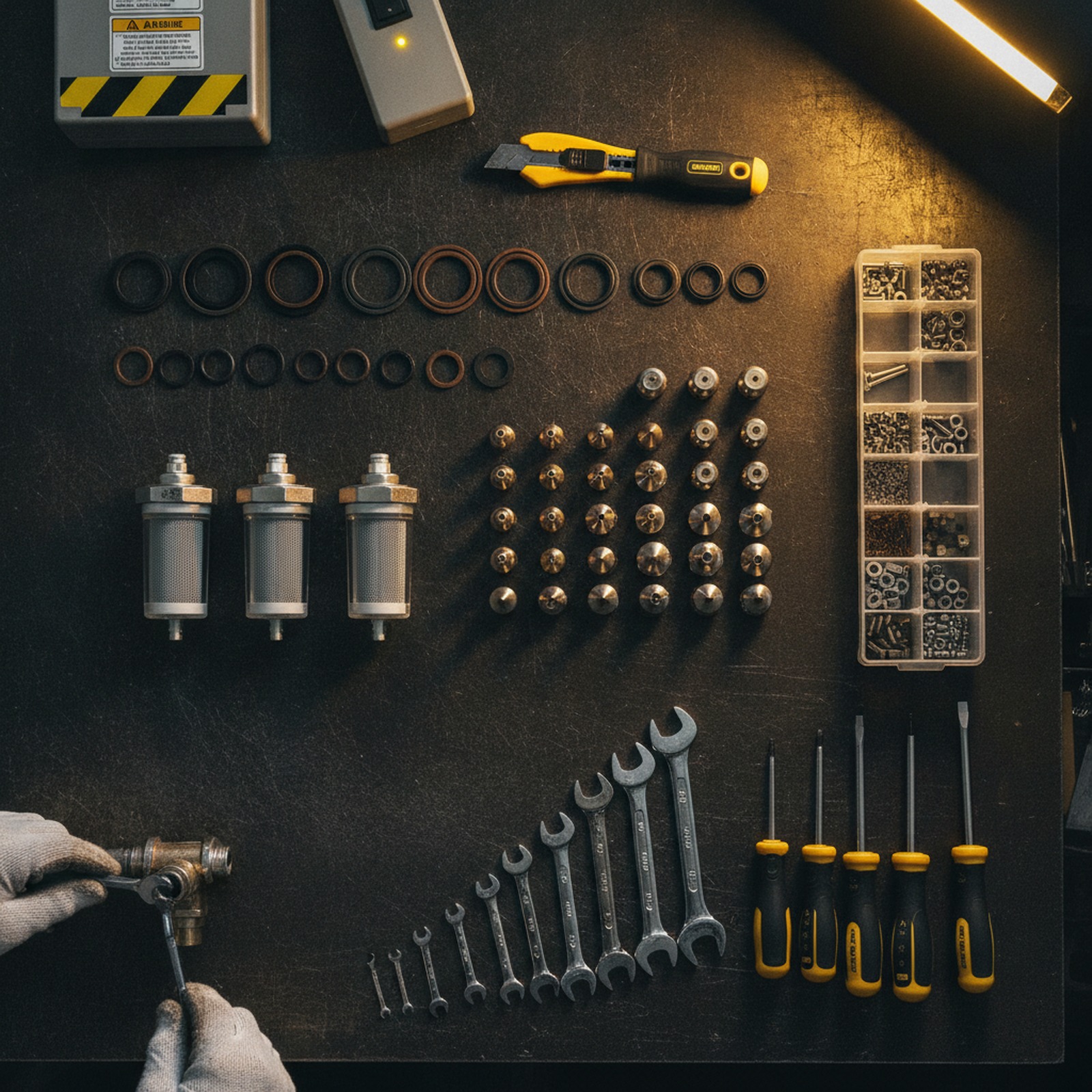 Repair tools and equipment parts laid out on a service bench