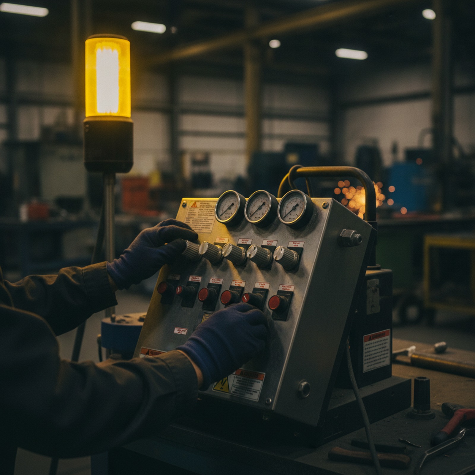 Technician diagnosing spray foam equipment controls in a repair bay